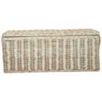 CADENZA White Wash Rattan Storage Trunks set of 2, rectangular woven rattan trunks with matching lids and metallic hinges, rustic storage boxes with whitewashed finish.