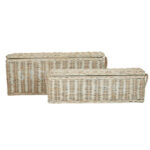 CADENZA White Wash Rattan Storage Trunks set of 2, rectangular woven rattan trunks with matching lids and metallic hinges, rustic storage boxes with whitewashed finish.