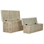 CADENZA White Wash Rattan Storage Trunks set of 2, rectangular woven rattan trunks with matching lids and metallic hinges, rustic storage boxes with whitewashed finish.