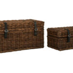 PORTIA Rattan Trunk Set in antique brown handwoven rattan with black faux leather straps and silver buckles, rustic storage trunks with hinged lids and spacious interiors.
