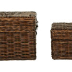 PORTIA Rattan Trunk Set in antique brown handwoven rattan with black faux leather straps and silver buckles, rustic storage trunks with hinged lids and spacious interiors.