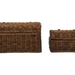 PORTIA Rattan Trunk Set in antique brown handwoven rattan with black faux leather straps and silver buckles, rustic storage trunks with hinged lids and spacious interiors.
