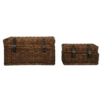 PORTIA Rattan Trunk Set in antique brown handwoven rattan with black faux leather straps and silver buckles, rustic storage trunks with hinged lids and spacious interiors.