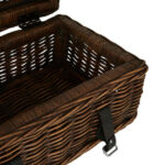 PORTIA Rattan Trunk Set in antique brown handwoven rattan with black faux leather straps and silver buckles, rustic storage trunks with hinged lids and spacious interiors.