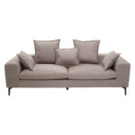 MILLER Grey Three Seat Sofa with low backrest, clean linear detailing, and metal legs, modern grey three-seater sofa for contemporary living rooms.