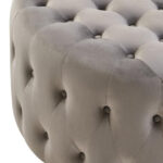 LUCRA Grey Velvet Footstool – round grey velvet footstool with button tufting and foam padding.