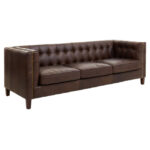 VURO Three Seat Dark Brown Leather Sofa with tufted back and oak wood legs, Chesterfield-inspired dark brown leather sofa, elegant three-seater in rich brown leather for classic and modern interiors.