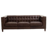 VURO Three Seat Dark Brown Leather Sofa with tufted back and oak wood legs, Chesterfield-inspired dark brown leather sofa, elegant three-seater in rich brown leather for classic and modern interiors.