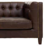 VURO Three Seat Dark Brown Leather Sofa with tufted back and oak wood legs, Chesterfield-inspired dark brown leather sofa, elegant three-seater in rich brown leather for classic and modern interiors.