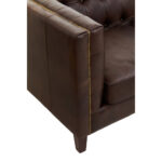 VURO Three Seat Dark Brown Leather Sofa with tufted back and oak wood legs, Chesterfield-inspired dark brown leather sofa, elegant three-seater in rich brown leather for classic and modern interiors.