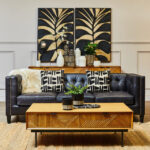 Alt text: VURO Three Seat Black Leather Sofa in antique ebony leather with button tufted back, Chesterfield-inspired three-seat sofa with oak wood legs, elegant black leather sofa for modern and classic interiors.