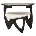 CAVEL 2 Tier Small Coffee Table – grey and white marble-effect ceramic tops with black iron frame.