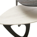 CAVEL 2 Tier Small Coffee Table – grey and white marble-effect ceramic tops with black iron frame.
