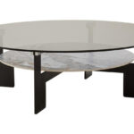 VIONA Large Ceramic and Glass Coffee Table – round grey glass top with marble-effect ceramic shelf and black iron legs.