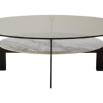 VIONA Large Ceramic and Glass Coffee Table – round grey glass top with marble-effect ceramic shelf and black iron legs.