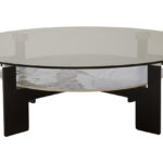 VIONA Large Ceramic and Glass Coffee Table – round grey glass top with marble-effect ceramic shelf and black iron legs.