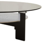 VIONA Large Ceramic and Glass Coffee Table – round grey glass top with marble-effect ceramic shelf and black iron legs.