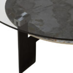 VIONA Large Ceramic and Glass Coffee Table – round grey glass top with marble-effect ceramic shelf and black iron legs.
