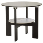 VIONA Small Ceramic and Glass Coffee Table – round grey glass top with marble-effect ceramic shelf and black iron legs.
