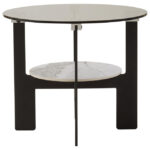 VIONA Small Ceramic and Glass Coffee Table – round grey glass top with marble-effect ceramic shelf and black iron legs.