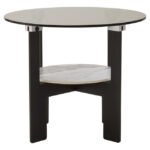 VIONA Small Ceramic and Glass Coffee Table – round grey glass top with marble-effect ceramic shelf and black iron legs.