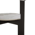 VIONA Small Ceramic and Glass Coffee Table – round grey glass top with marble-effect ceramic shelf and black iron legs.