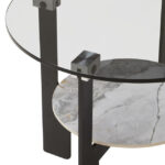 VIONA Small Ceramic and Glass Coffee Table – round grey glass top with marble-effect ceramic shelf and black iron legs.