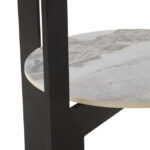 VIONA Small Ceramic and Glass Coffee Table – round grey glass top with marble-effect ceramic shelf and black iron legs.