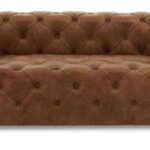 CHALIE Three-Seat Tan Leather Sofa with vintage button-tufted detailing, upholstered in rustic tan leather, designed for timeless elegance and comfort.