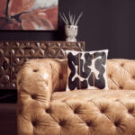 CHALIE Three-Seat Tan Leather Sofa with vintage button-tufted detailing, upholstered in rustic tan leather, designed for timeless elegance and comfort.