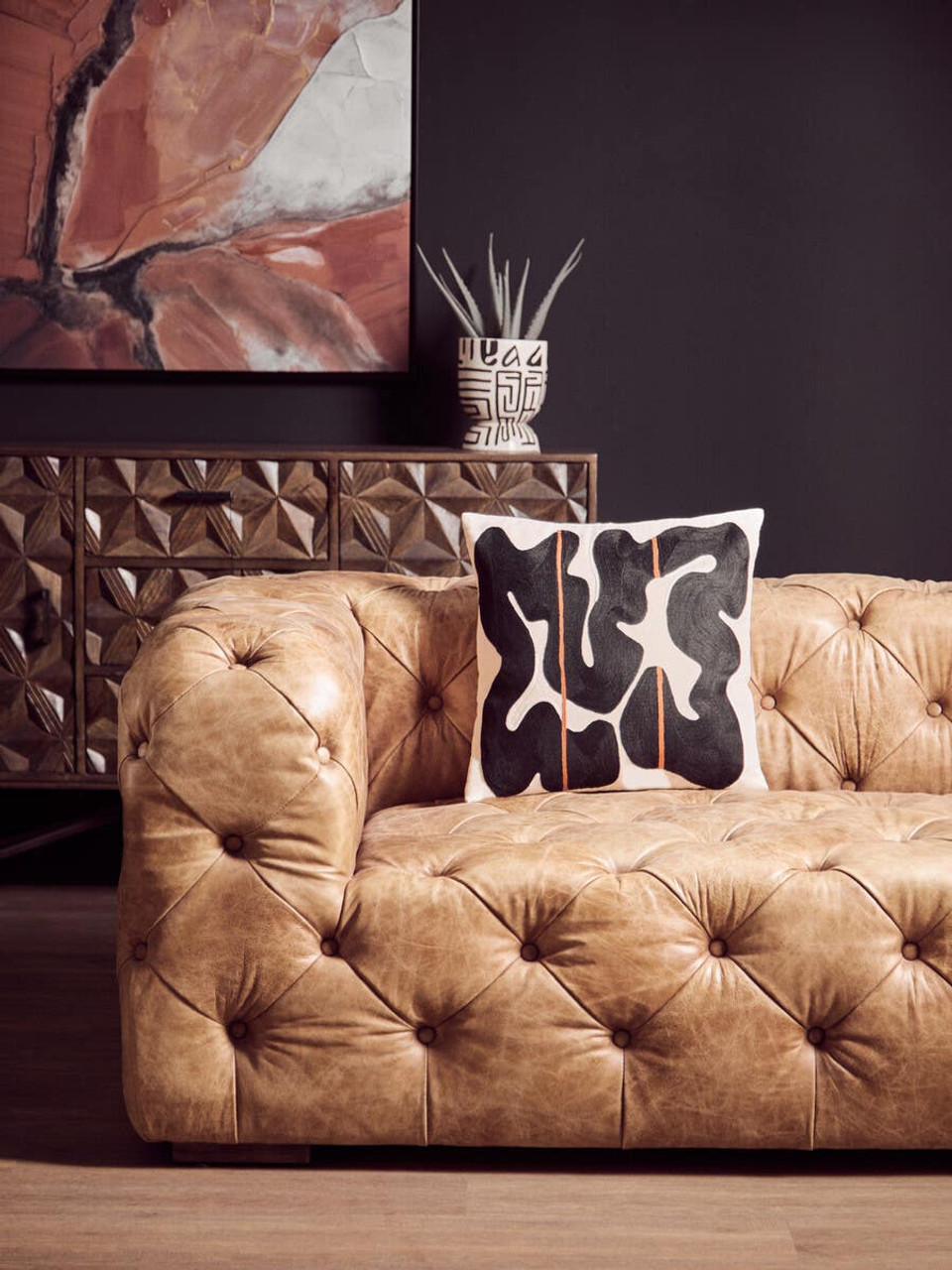 CHALIE Three-Seat Tan Leather Sofa with vintage button-tufted detailing, upholstered in rustic tan leather, designed for timeless elegance and comfort.