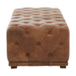 CHALIE Leather Rectangle Ottoman in vintage brown leather with tufted button detailing, rectangular design, and rustic vintage aesthetic.