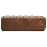 CHALIE Leather Rectangle Ottoman in vintage brown leather with tufted button detailing, rectangular design, and rustic vintage aesthetic.