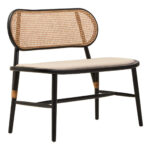 ETERO Natural Cane Bench – woven cane backrest with beige fabric seat and black elm wood frame, modern accent bench.