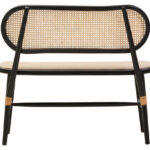 ETERO Natural Cane Bench – woven cane backrest with beige fabric seat and black elm wood frame, modern accent bench.