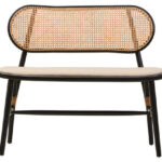 ETERO Natural Cane Bench – woven cane backrest with beige fabric seat and black elm wood frame, modern accent bench.