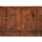 OLIVÉ Mangowood Sideboard – four-door carved mango wood sideboard with hammered details and interlocking motif.