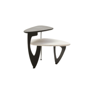 CAVEL 2 Tier Small Coffee Table – grey and white marble-effect ceramic tops with black iron frame.