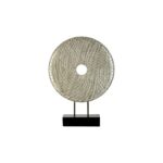 ELEMENT Round Silver Wooden Sculpture made from renewable mango wood with carved grid texture, silver and black finish, mounted on a black stand.