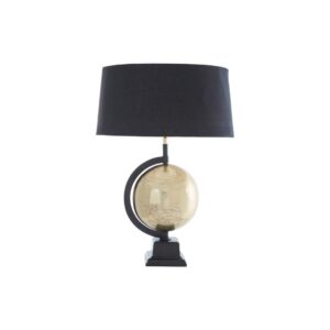 VAULT Brass Globe Table Lamp with matte antique brass rotating globe, tiered square black pedestal base, and black fabric tapered shade.
