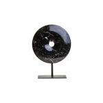 ROMEO Small Round Sculpture – black marble disc with natural veining on black metal stand, modern decorative accent.