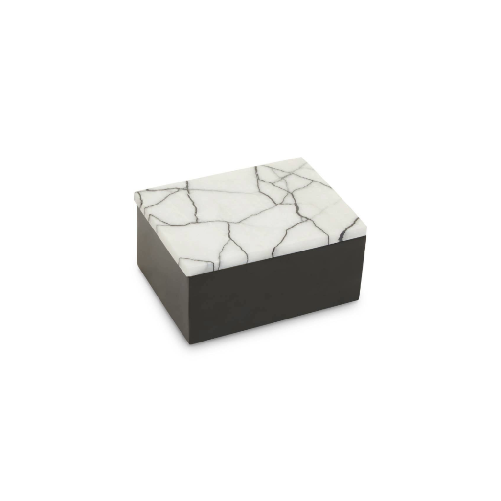 LIMA Large Marble Trinket Box with black base and white marble lid featuring subtle crackled effect, crafted from marble and iron for stylish modern storage.