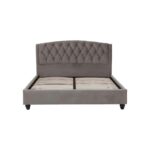 LAYA Grey Kingsize Bed with grey hopsack fabric, arched diamond-tufted headboard, and studded trim for a refined and modern bedroom look.