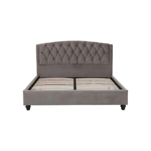LAYA Grey Kingsize Bed with grey hopsack fabric, arched diamond-tufted headboard, and studded trim for a refined and modern bedroom look.