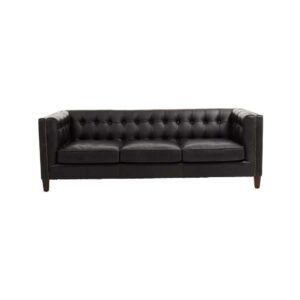VURO Three Seat Black Leather Sofa in antique ebony leather with button tufted back, Chesterfield-inspired three-seat sofa with oak wood legs, elegant black leather sofa for modern and classic interiors.