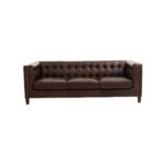 VURO Three Seat Dark Brown Leather Sofa with tufted back and oak wood legs, Chesterfield-inspired dark brown leather sofa, elegant three-seater in rich brown leather for classic and modern interiors.