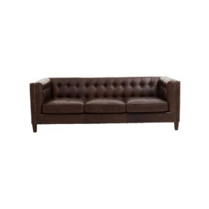 VURO Three Seat Dark Brown Leather Sofa with tufted back and oak wood legs, Chesterfield-inspired dark brown leather sofa, elegant three-seater in rich brown leather for classic and modern interiors.