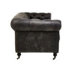 Alt text: IBERIA Three Seat Ebony Leather Sofa in Chesterfield design with deep button tufting, rolled arms, and ebony leather upholstery, classic three-seat sofa with vintage castor feet.