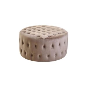 The LUCRA Mink Velvet Footstool features plush velvet upholstery, button tufting, and foam padding. A versatile round ottoman for luxe, modern, or classic interiors.