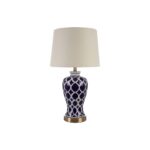 PALOMA Table Lamp with white ceramic base featuring blue quatrefoil motifs, gold metal base and finial, and soft linen shade for elegant ambient lighting.